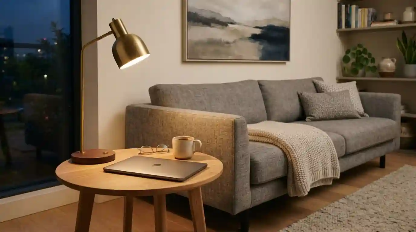 Helles Wohnzimmer mit Laptop, auf dem Display eine neutrale Spielothek-Plattform ohne Logos