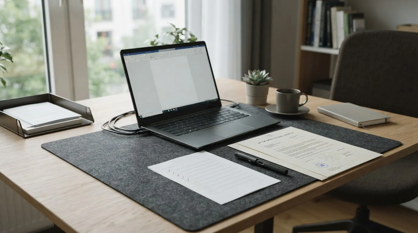 Schreibtisch mit neutralem Erlaubnisdokument und Laptop ohne Markenlogo