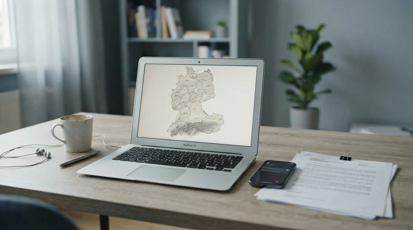 Laptop mit neutraler Länderkarte von Deutschland, Österreich und Schweiz