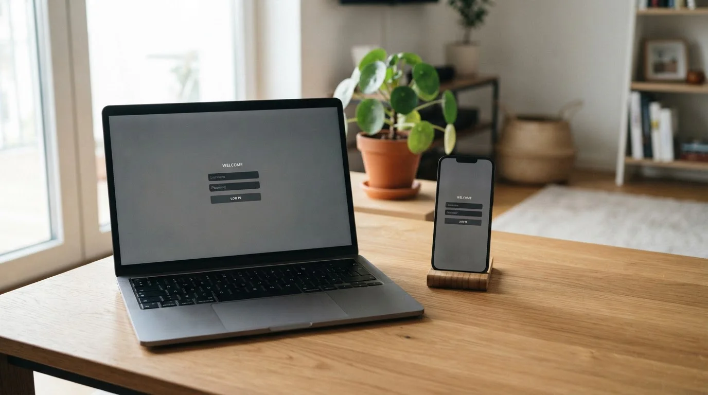 Laptop-Bildschirm mit einem geöffneten Online-Casino-Login, daneben Smartphone mit derselben Marke
