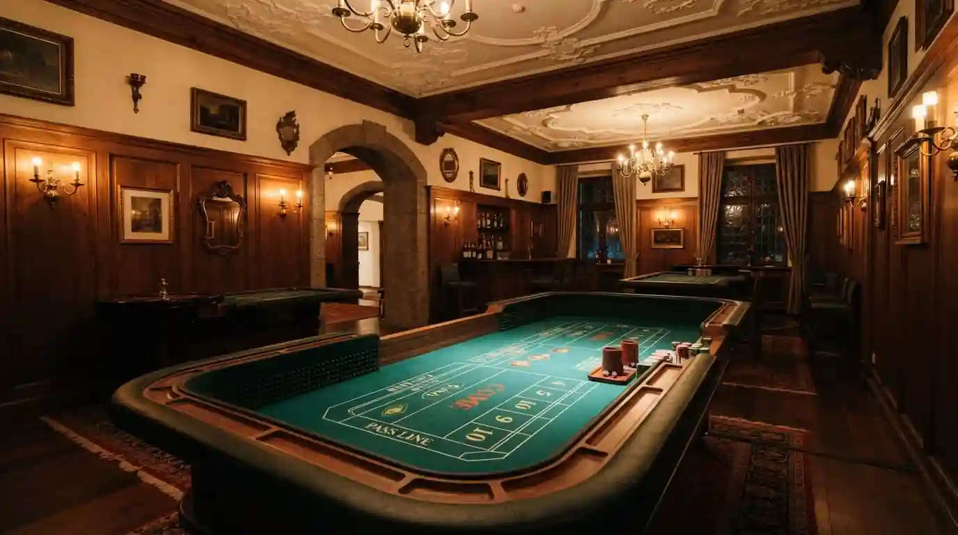 Würfelspiel-Tisch in einer bayerischen Spielbank mit Holzvertäfelung und klassischer Einrichtung