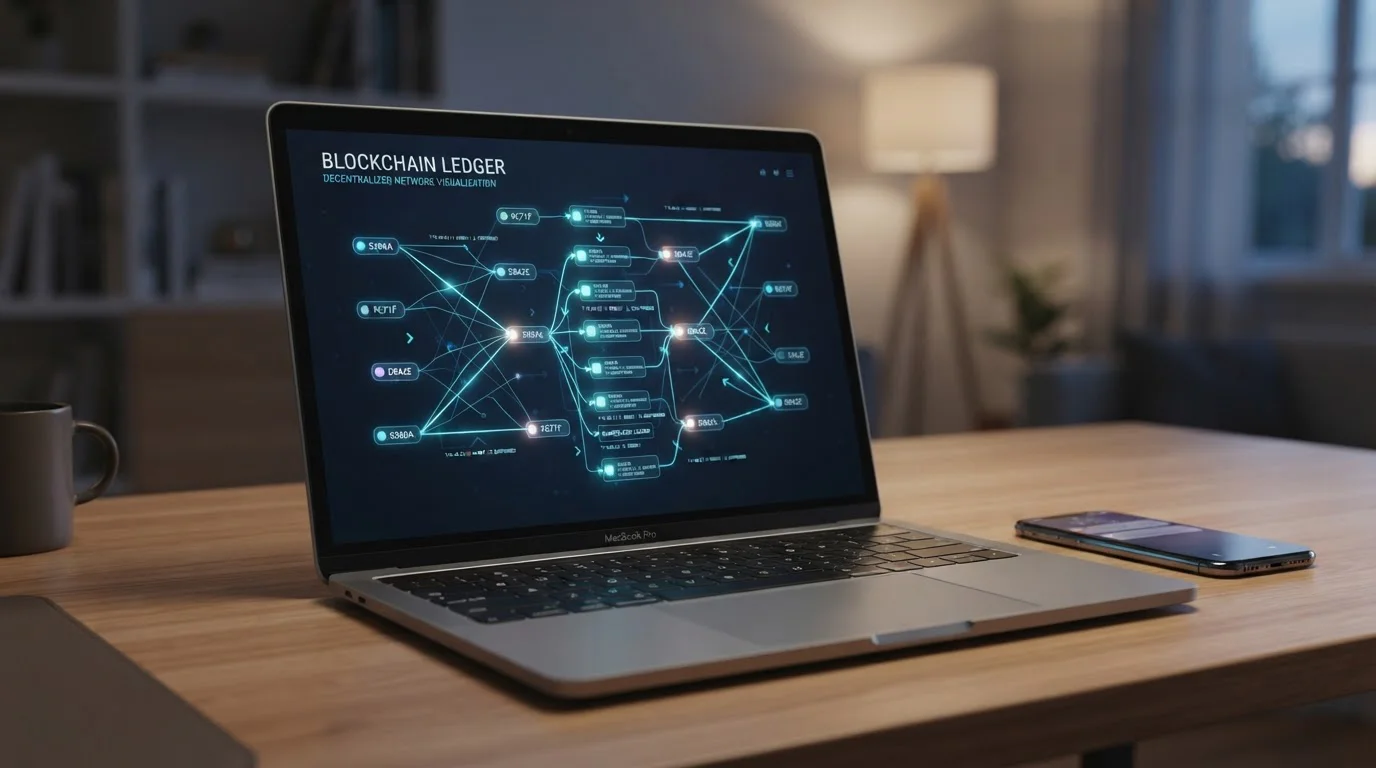 Laptop-Display mit Blockchain-Visualisierung und stilisierten Transaktionsblöcken