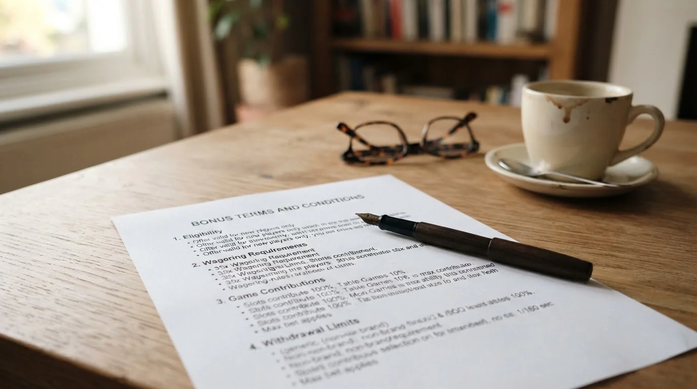 Schreibtisch mit ausgedrucktem Bonus-Bedingungen-Dokument und einem Stift daneben