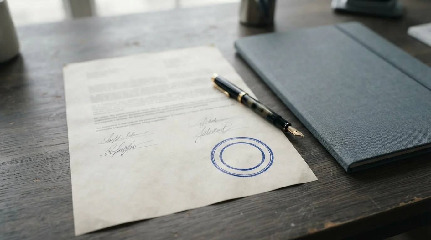 Amtliches Dokument mit Stempel neben einem geschlossenen Aktenordner