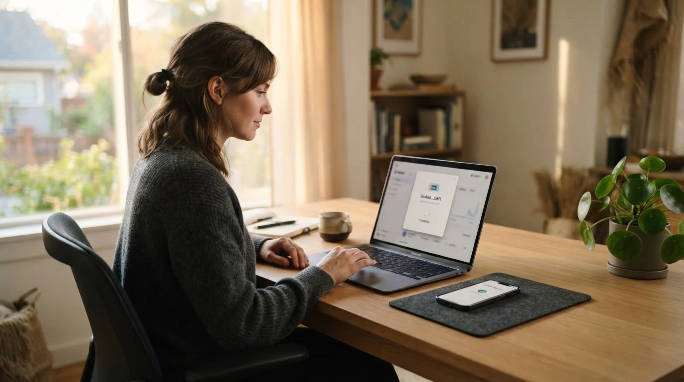 Person prüft eine Wallet-Adresse und eine neutrale Transaktionsübersicht am Laptop