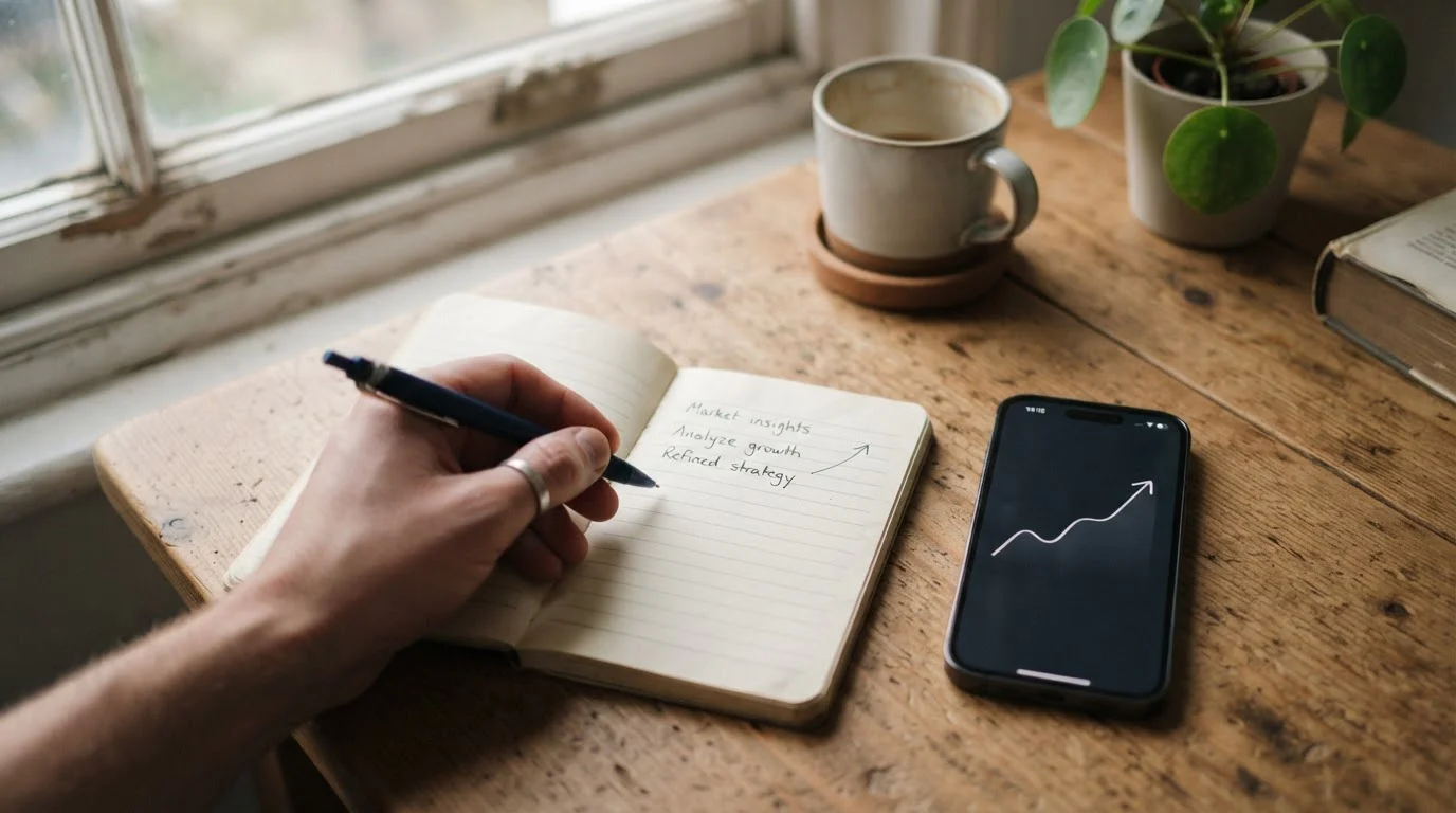 Notizbuch mit handschriftlicher Einsatzgrenze neben einem neutralen Smartphone