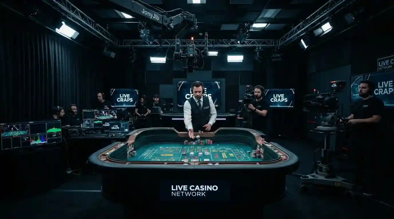 Studioaufnahme eines Live-Craps-Tisches mit Croupier und Kameras aus mehreren Perspektiven