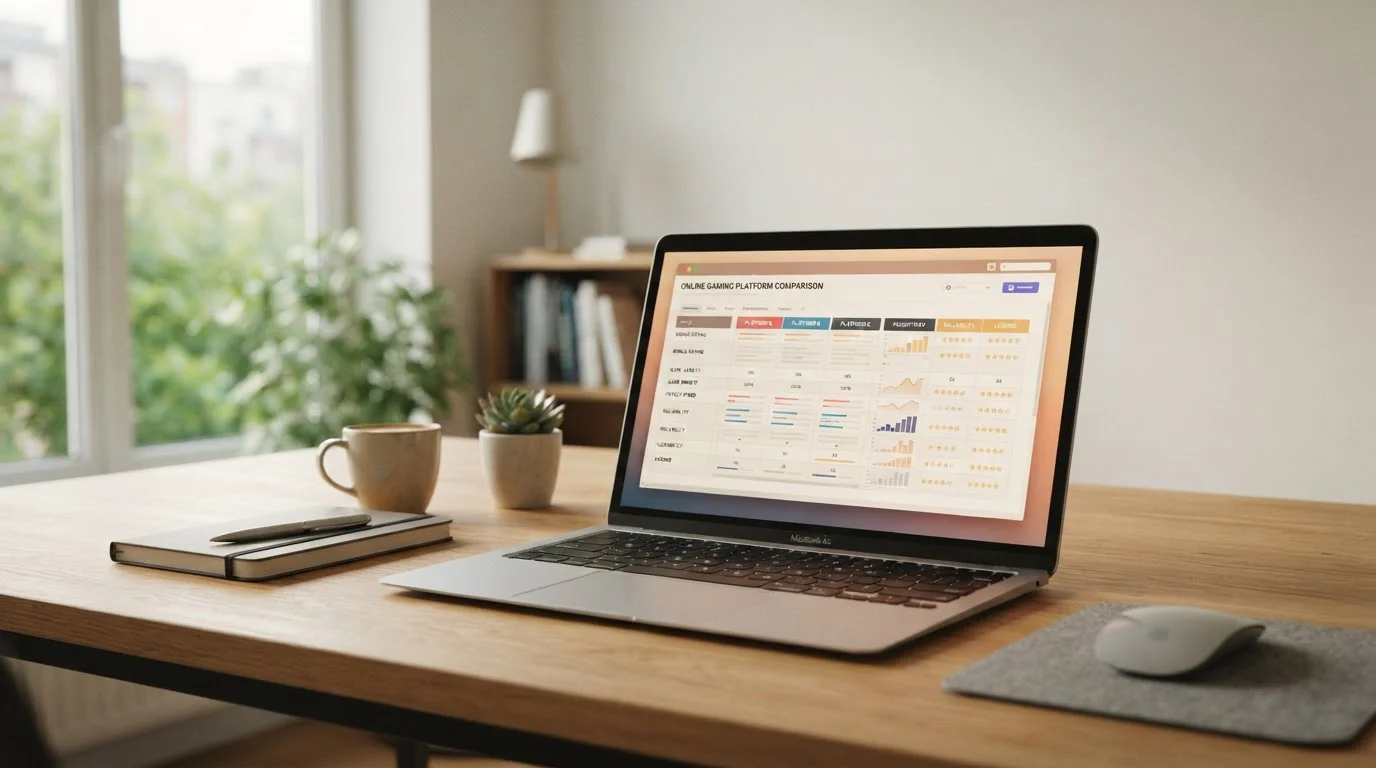 Realistischer Schreibtisch mit Laptop und neutralem Casino-Dokument ohne Branding