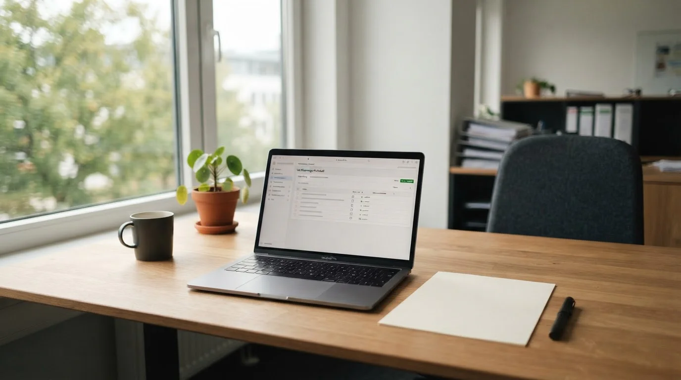 Neutrale behördliche Prüfliste neben einem Laptop mit Spielinformationen