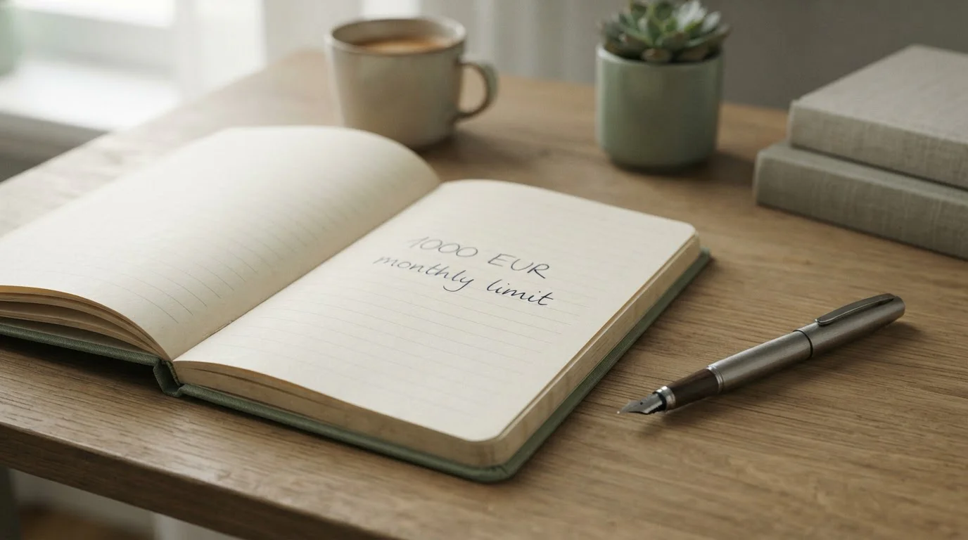 Notizbuch mit handschriftlichem Vermerk „1000 € Monatslimit" und stilisiertem Münzstapel-Symbol