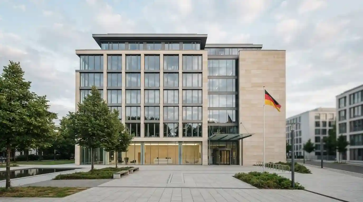 Offizielles Gebäude der Gemeinsamen Glücksspielbehörde mit Flagge, moderne Verwaltungsarchitektur