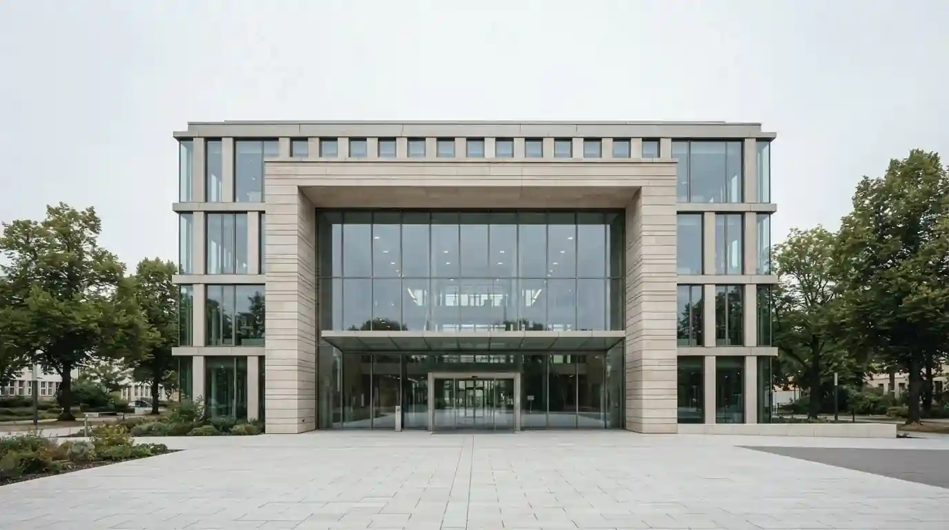 Moderne Behördenfassade mit Glaskuppel in Halle an der Saale