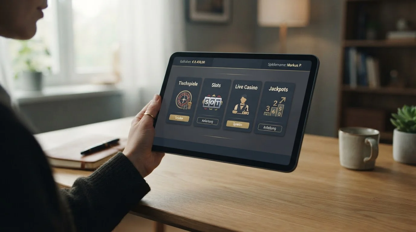 Tablet mit deutscher Casino-Plattform und neutralem GGL-Stempel, zurückhaltende Farben