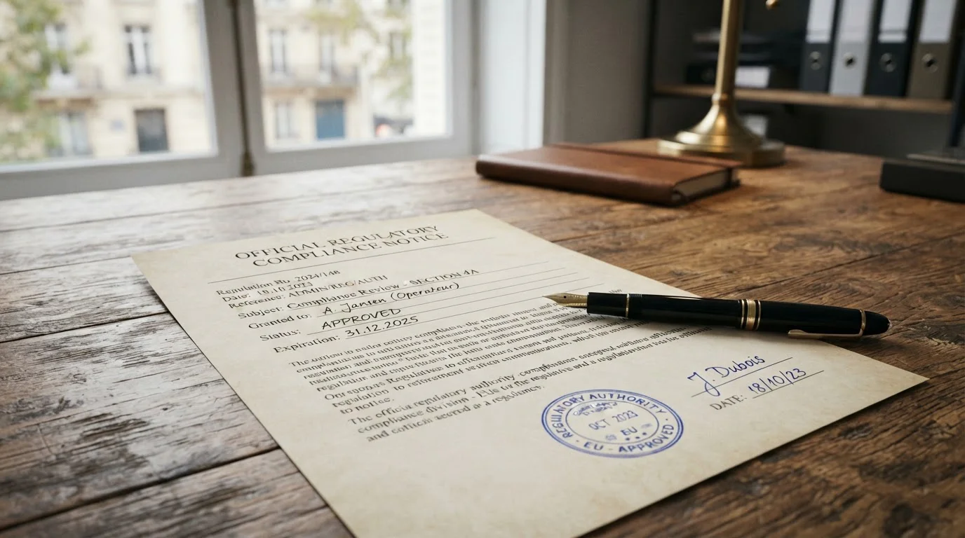 Offizielles Dokument mit Stempel und Siegel einer deutschen Aufsichtsbehörde auf einem Schreibtisch