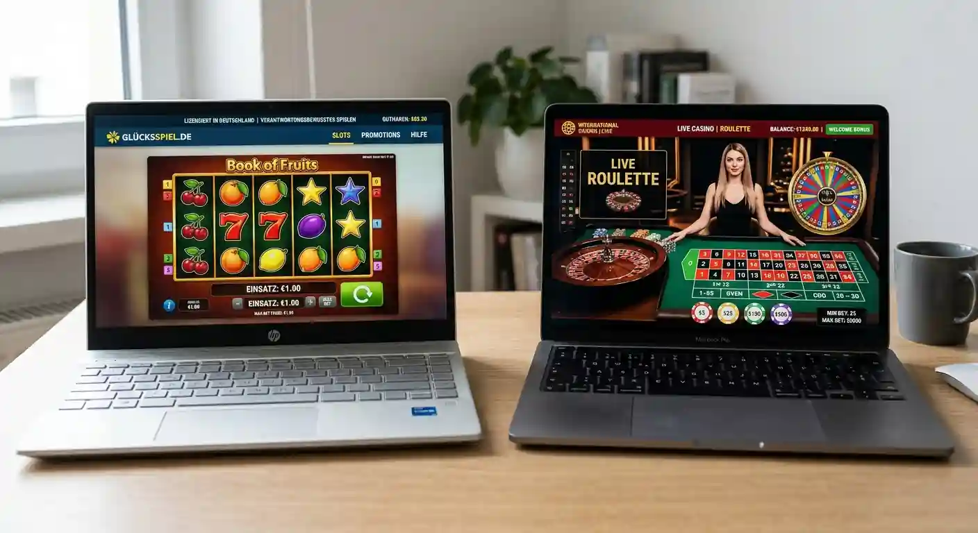 Geteilter Bildschirm mit GGL-Casino-Interface links und Auslands-Casino-Interface rechts, neutrale Darstellung