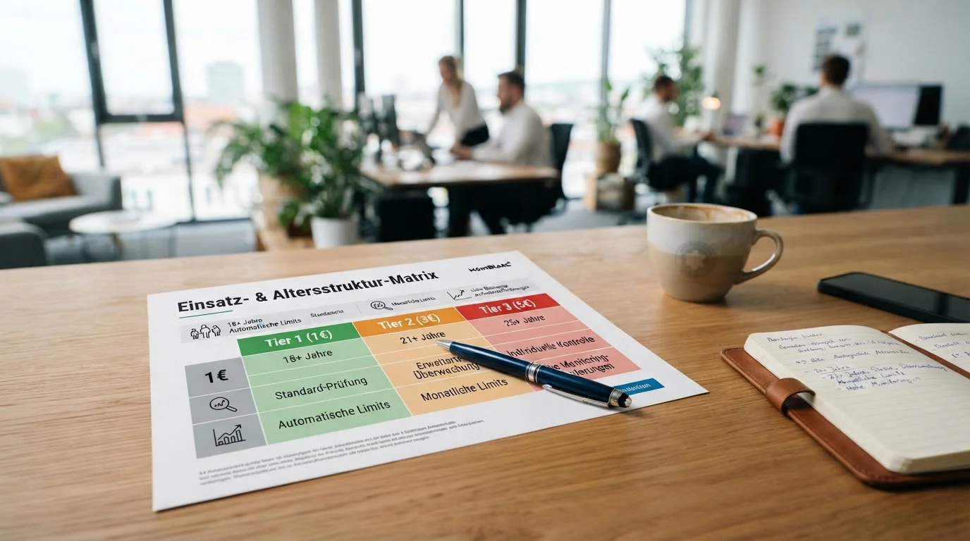 Dokument mit gestuften Einsatzlimits 1, 3 und 5 Euro auf Schreibtisch