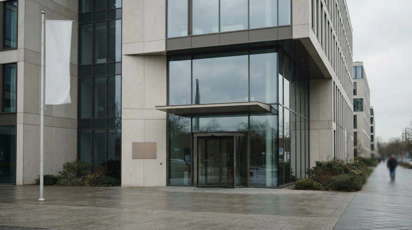 Glassfassade mit unauffälliger Behördenplakette und ruhigem Tageslicht