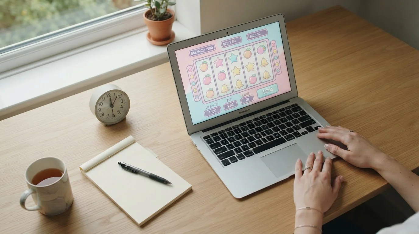 Hände über einem Laptop, die einen Spielautomaten auf einer seriösen deutschen Casino-Plattform zeigen