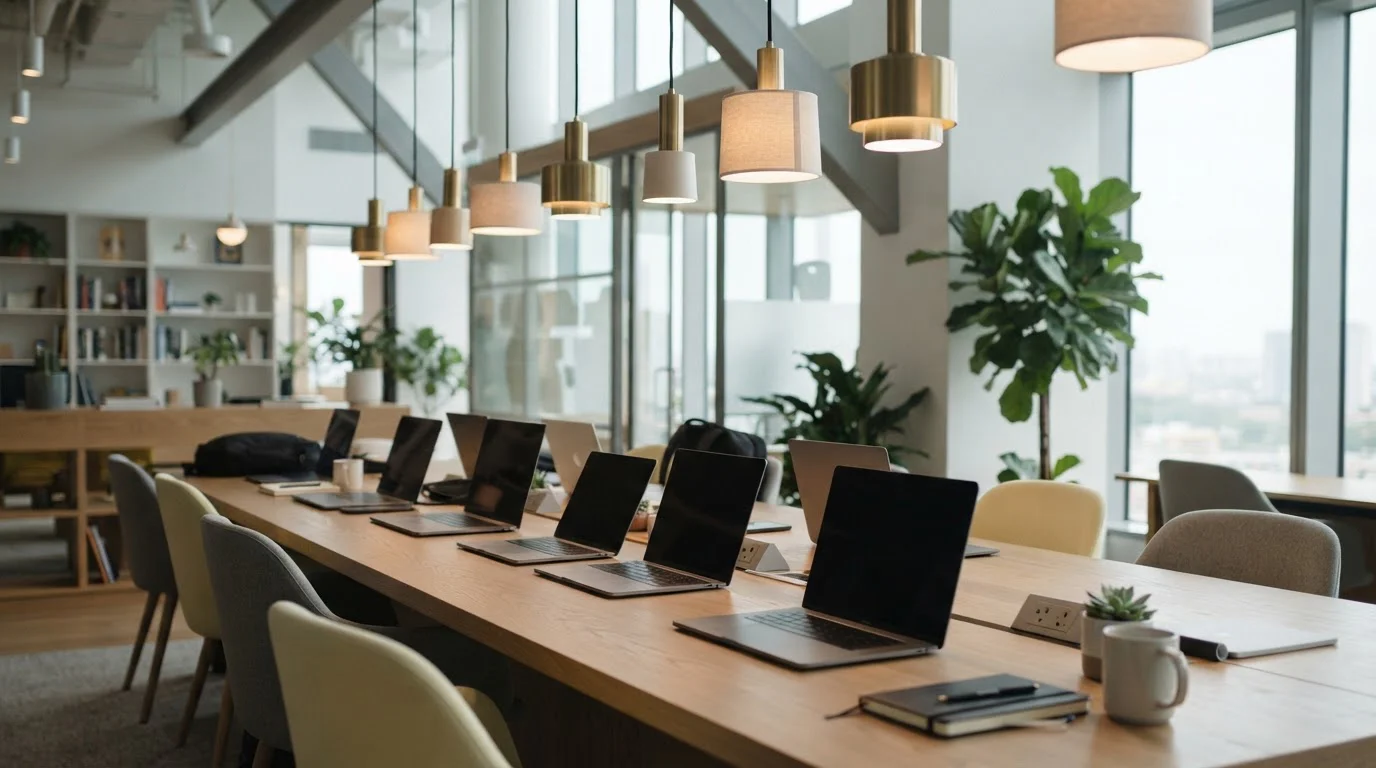 Luftige Büroumgebung mit mehreren Laptops als Sinnbild für GGL-Markenportfolio