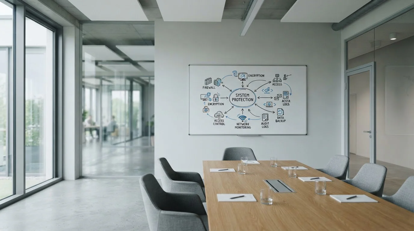 Modernes deutsches Büro mit Whiteboard und Diagramm zu Spielerschutzmechanismen ohne Markenlogos