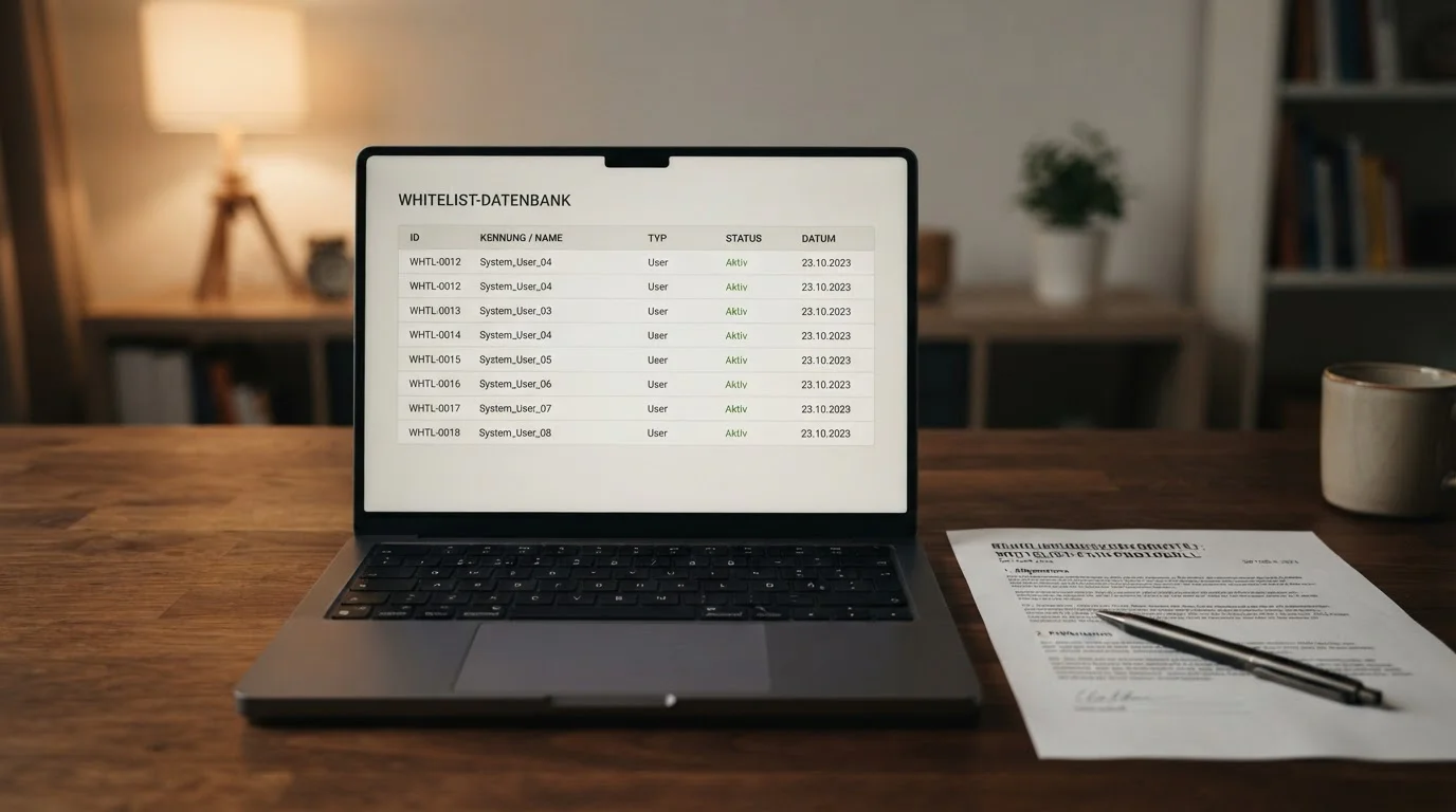 Laptop mit geöffneter GGL-Whitelist und deutschem Rechtsdokument daneben