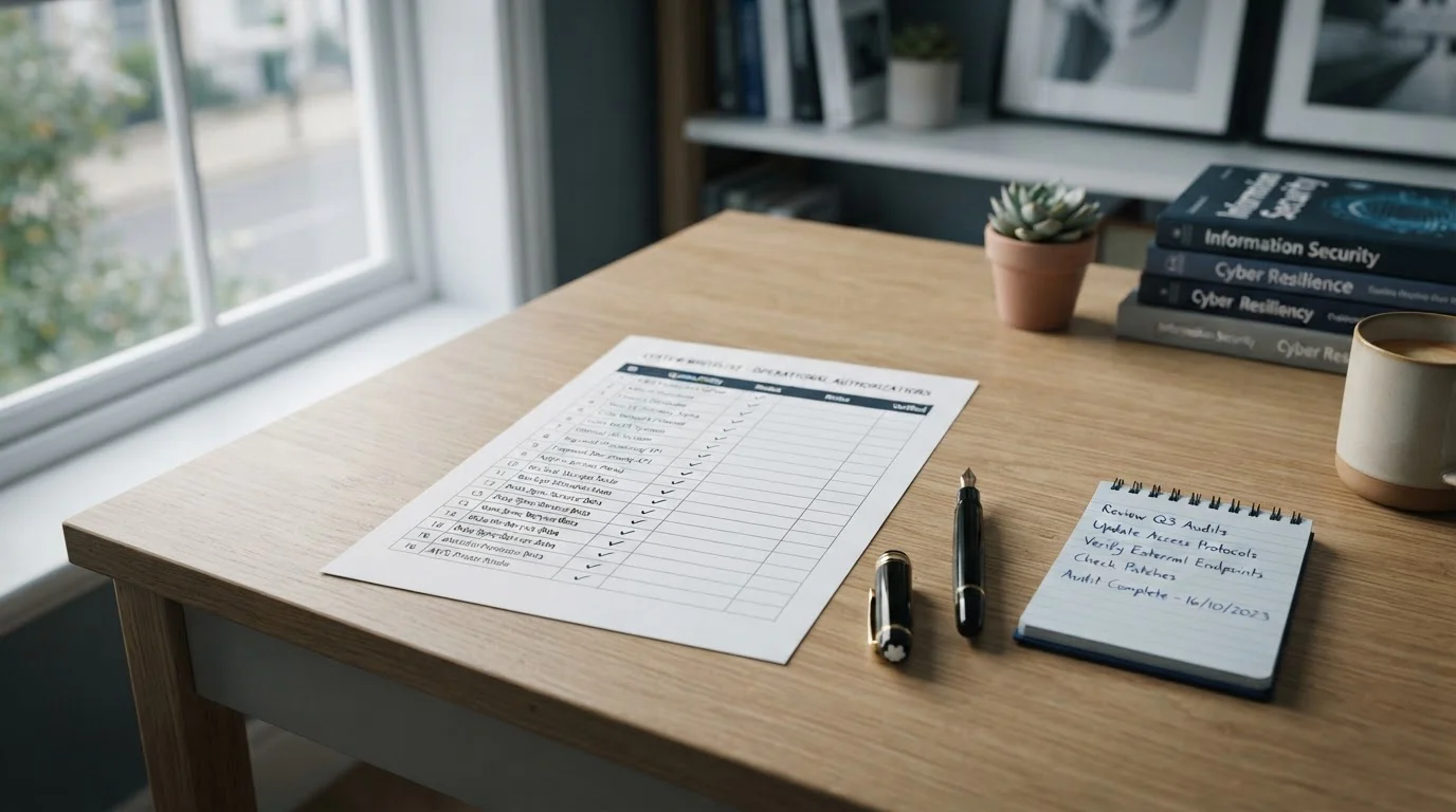 Schreibtisch mit Ausdruck der GGL-Whitelist und einem Notizbuch mit Stift