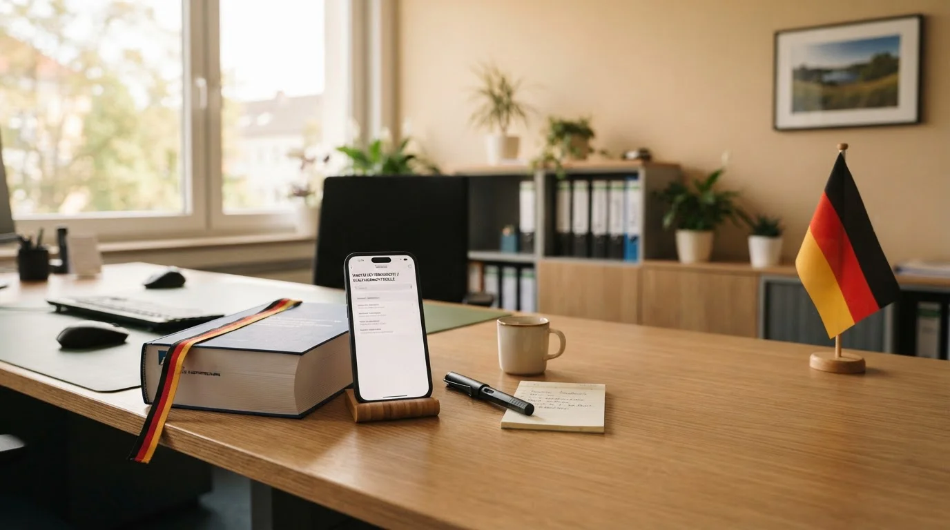 Ordner mit Regulierungsdossier und Smartphone zur Whitelist-Suche