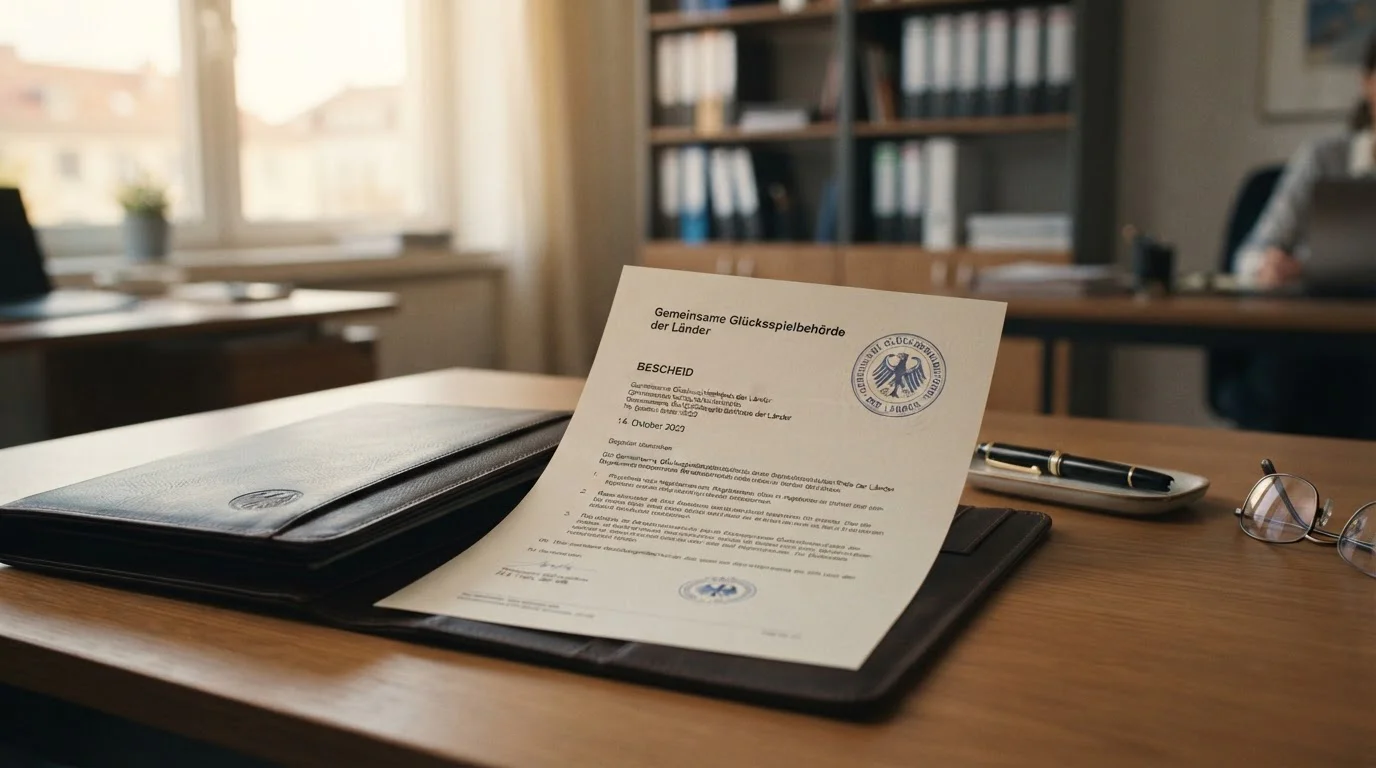 Dokument mit dem Text „Gemeinsame Glücksspielbehörde der Länder" und einem schlichten Stempel auf einem Schreibtisch