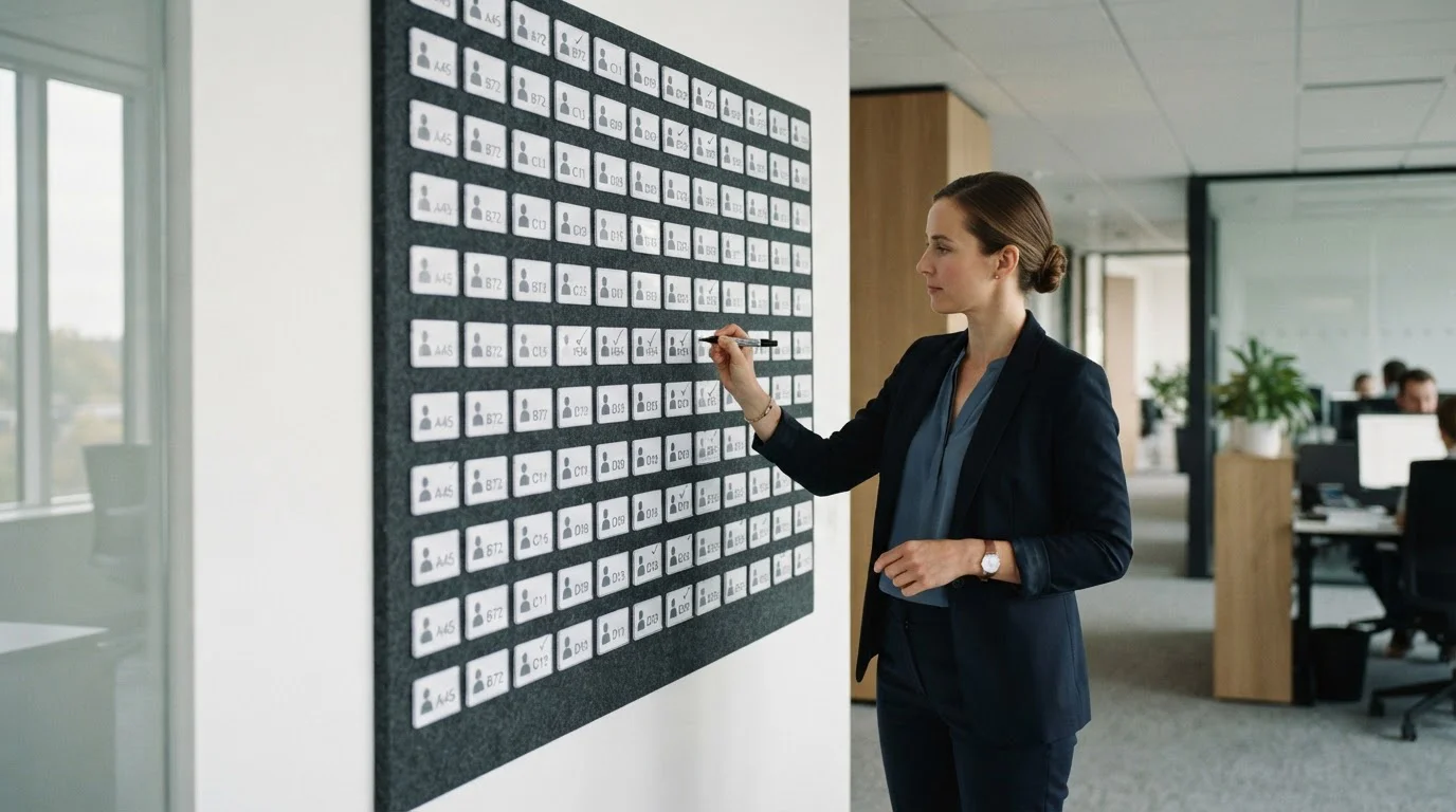 Übersichtliche Wandtafel mit Liste von Anbietern und kleinen Markierungen daneben