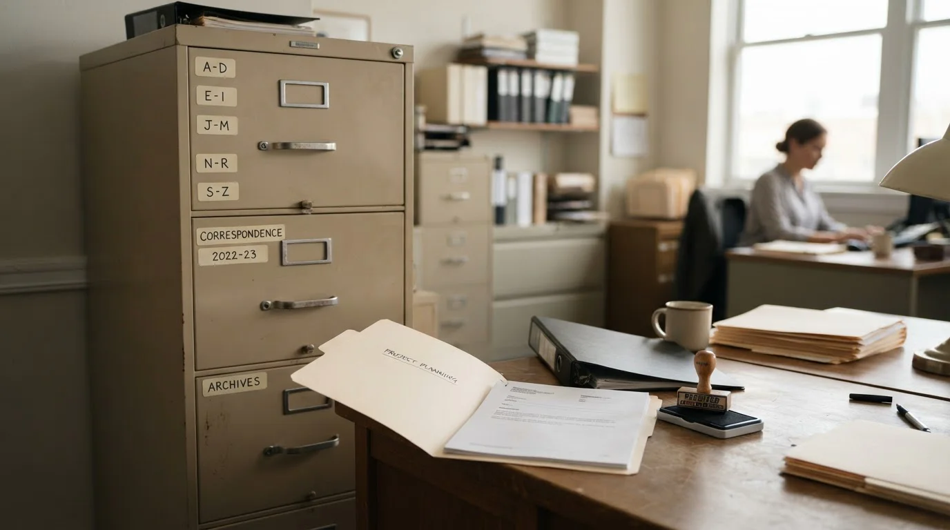 Aktenschrank mit beschrifteten Ordnern, im Vordergrund ein offener Ordner mit Schreibunterlage und Stempel, neutrales Behördenflair ohne erkennbares Logo