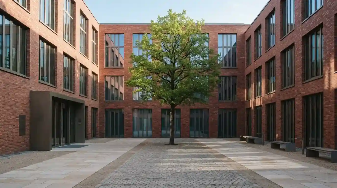 Bürofassade der Gemeinsamen Glücksspielbehörde der Länder in Halle mit ruhigem Innenhof