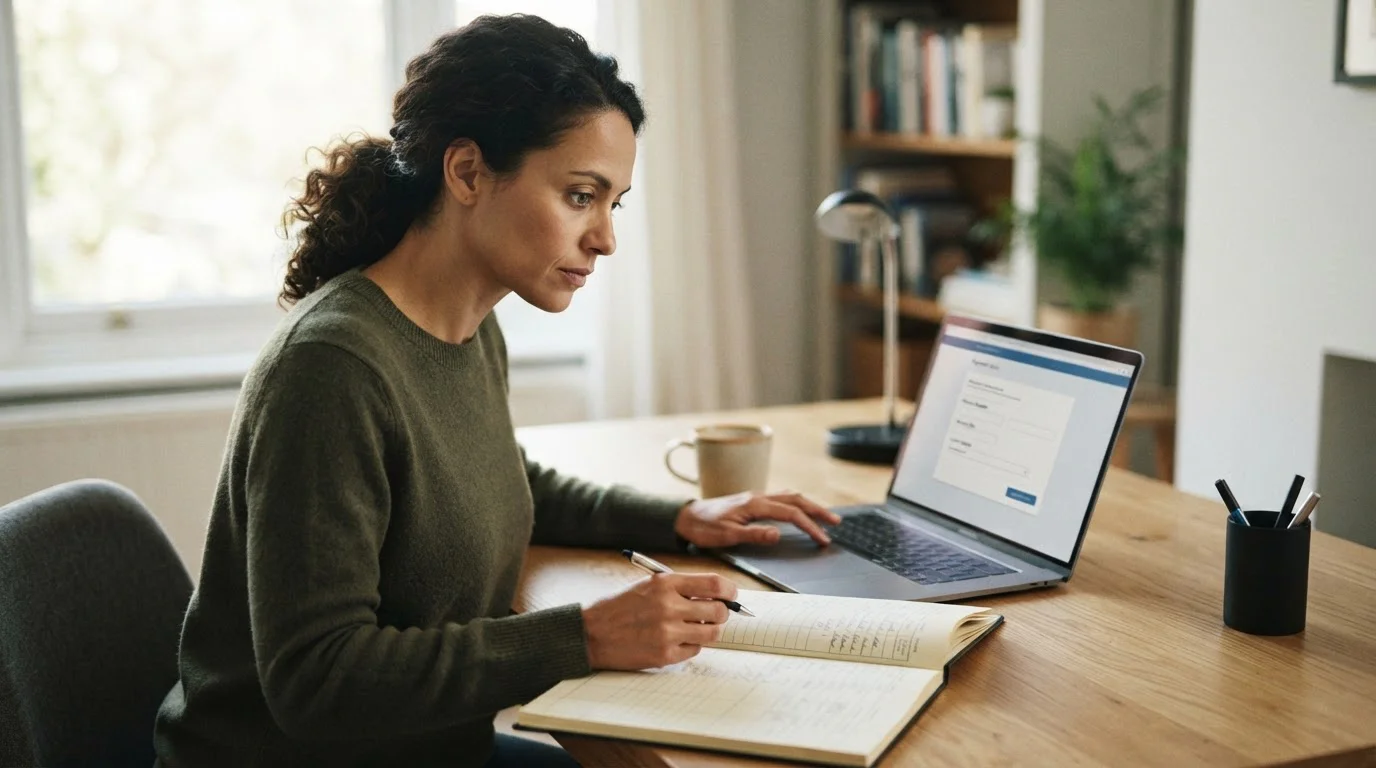 Person gleicht Betreiberangaben und Kassenbedingungen am Laptop ab