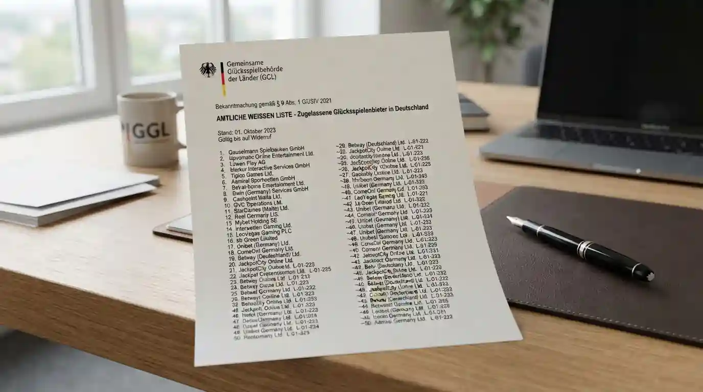 Whitelist-Dokument mit GGL-Logo und legalen Anbieter-Namen in Deutschland