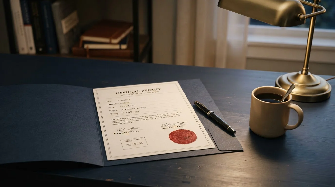Ordnungsgemäßes Genehmigungsdokument mit Stempel und Siegel auf einem Schreibtisch