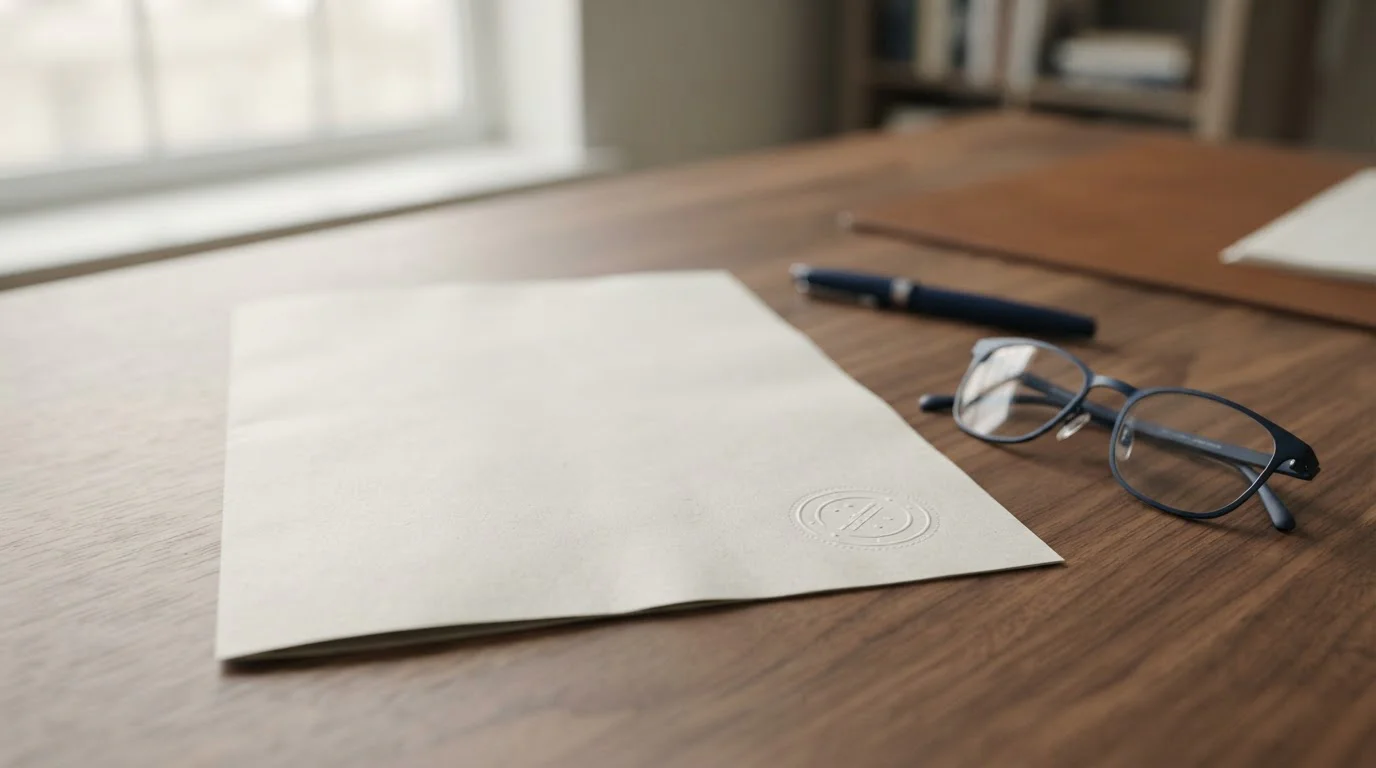 Offizielles Dokument mit Stempel auf einem Schreibtisch vor unscharfem Hintergrund