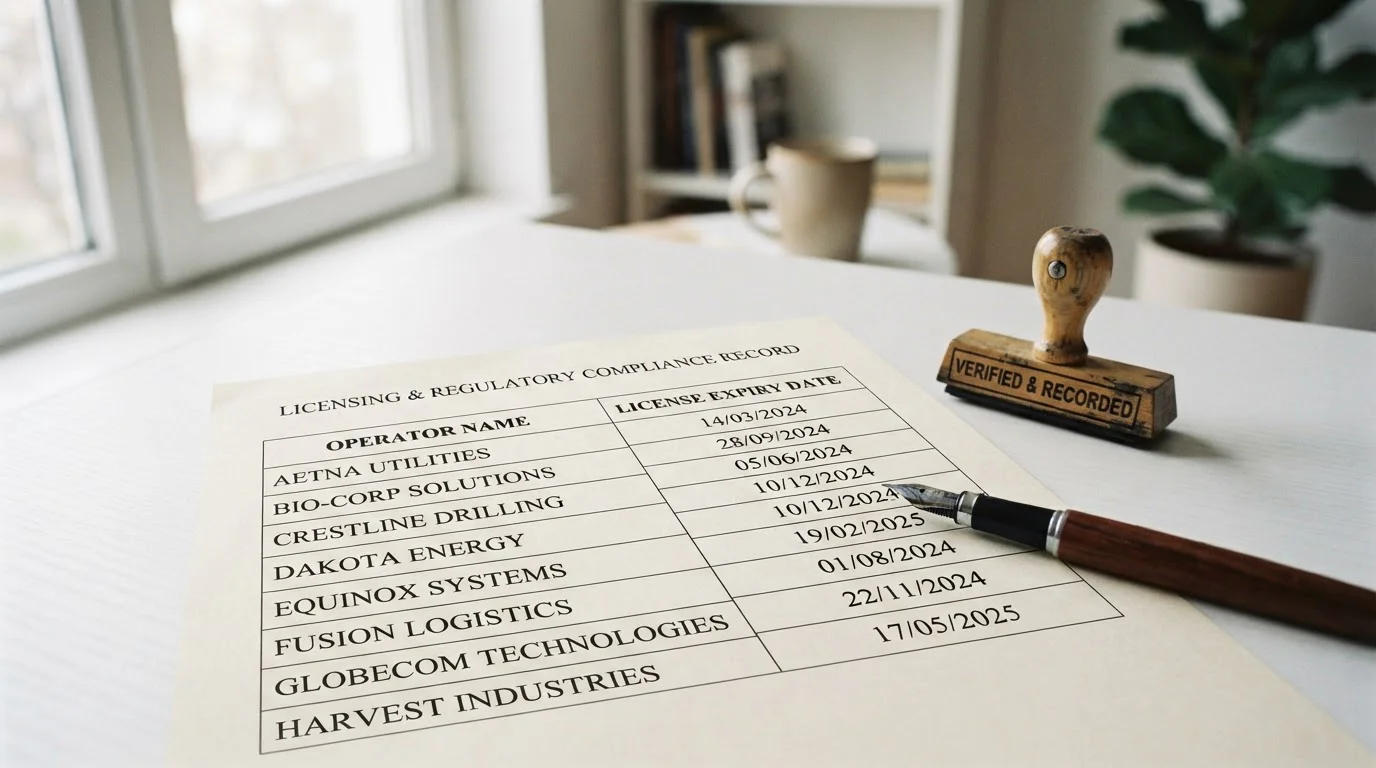Nähre Aufnahme einer Druckseite mit Tabellen und Stempel auf einem neutralen Schreibtisch