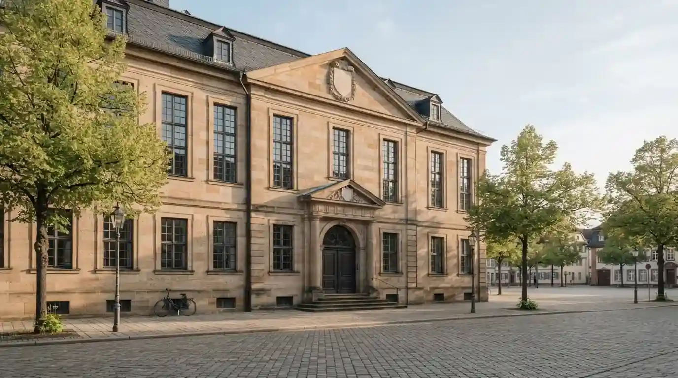 Offizielles Amtsgebäude mit ruhiger Außenansicht, deutscher Amtsstempel auf einem leeren Dokument daneben