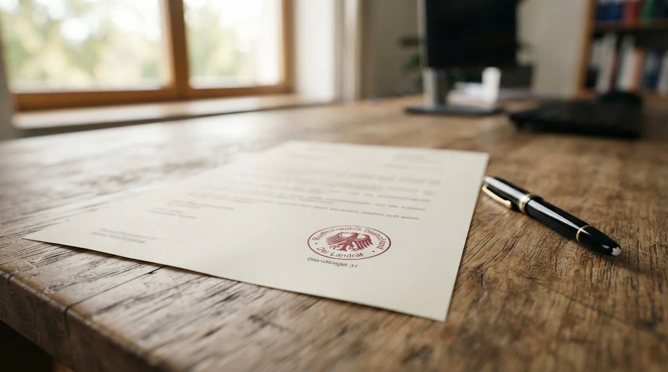 Offizielles Dokument mit deutschem Behördenstempel und Text zum Glücksspielstaatsvertrag auf einem Schreibtisch