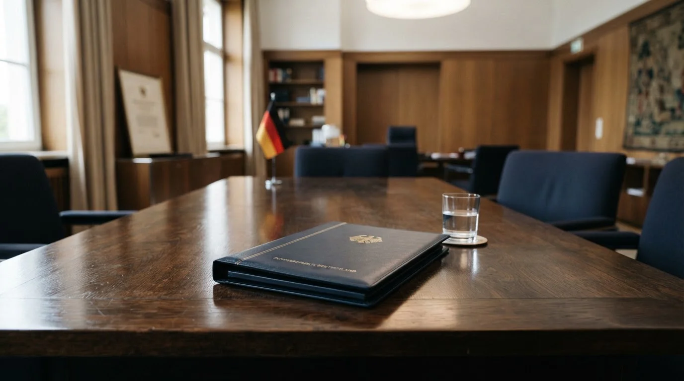 Konferenztisch im Amtsstil mit Aktenordner, Glas Wasser und ruhigem Oberlicht
