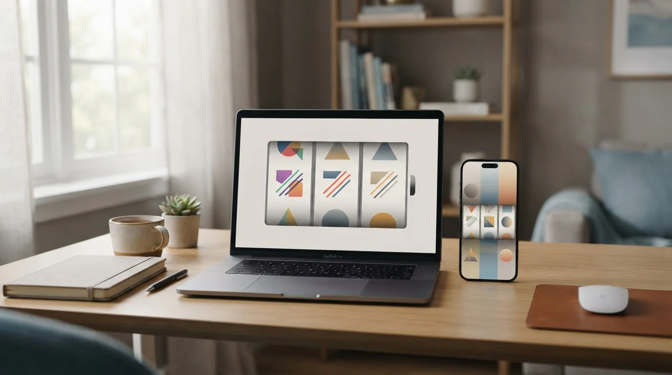 Aufgeräumter Schreibtisch mit Smartphone und offenem Browser-Fenster, das Spielwalzen symbolisiert