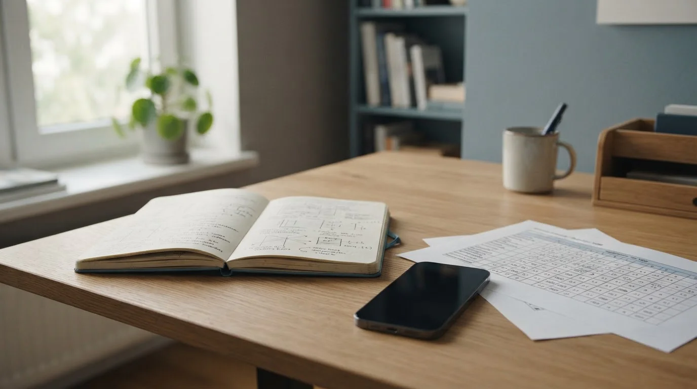 Schreibtisch mit Smartphone, Notizbuch und einem Ausdruck der GGL-Whitelist