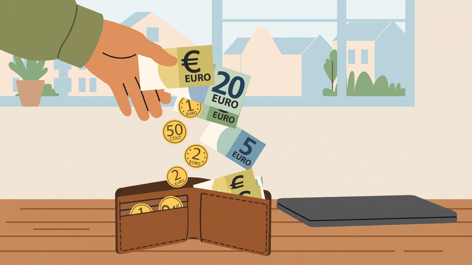 Euro-Geldscheine und Münzen fließen zurück in eine Geldbörse auf einem Holztisch im deutschen Wohnzimmer.