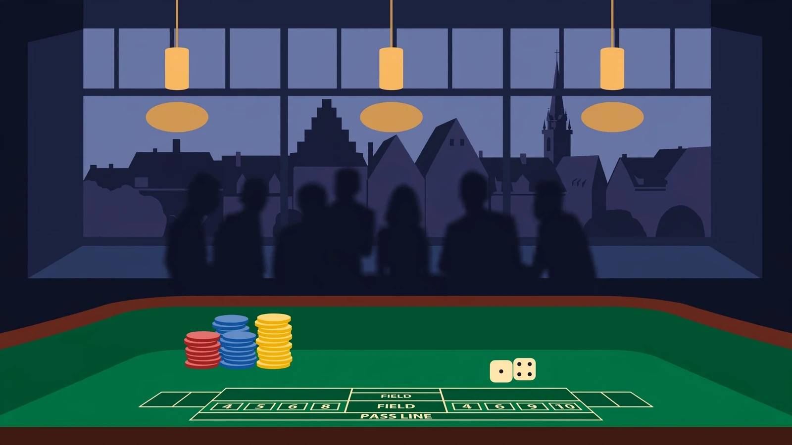 Casino-Tisch mit Craps, Chips und Würfeln vor Stadtsilhouette bei Dämmerung