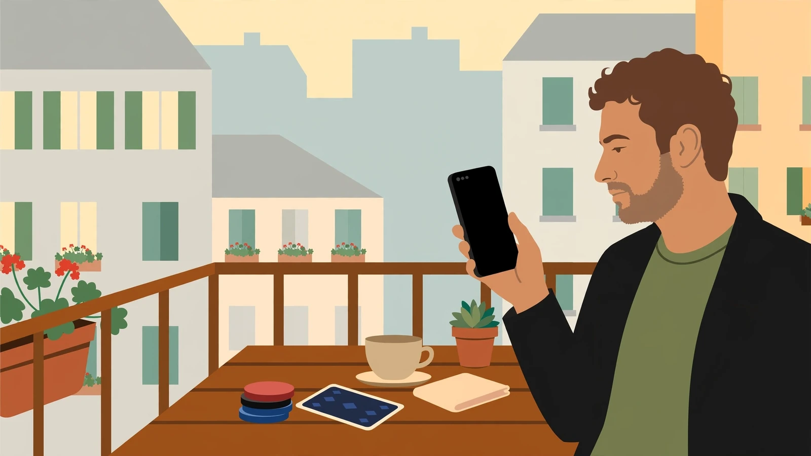 Person mit Smartphone auf einem Balkon in einer deutschen Stadt, Spielchips und Karte auf dem Tisch.