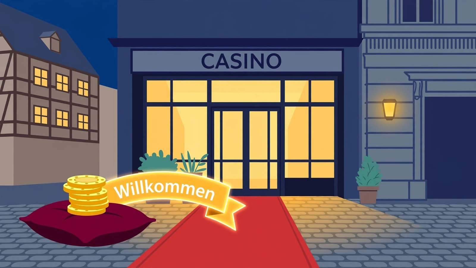 Willkommensszene vor einem eleganten Casino-Eingang mit goldenen Chips und rotem Teppich in einer deutschen Stadt.