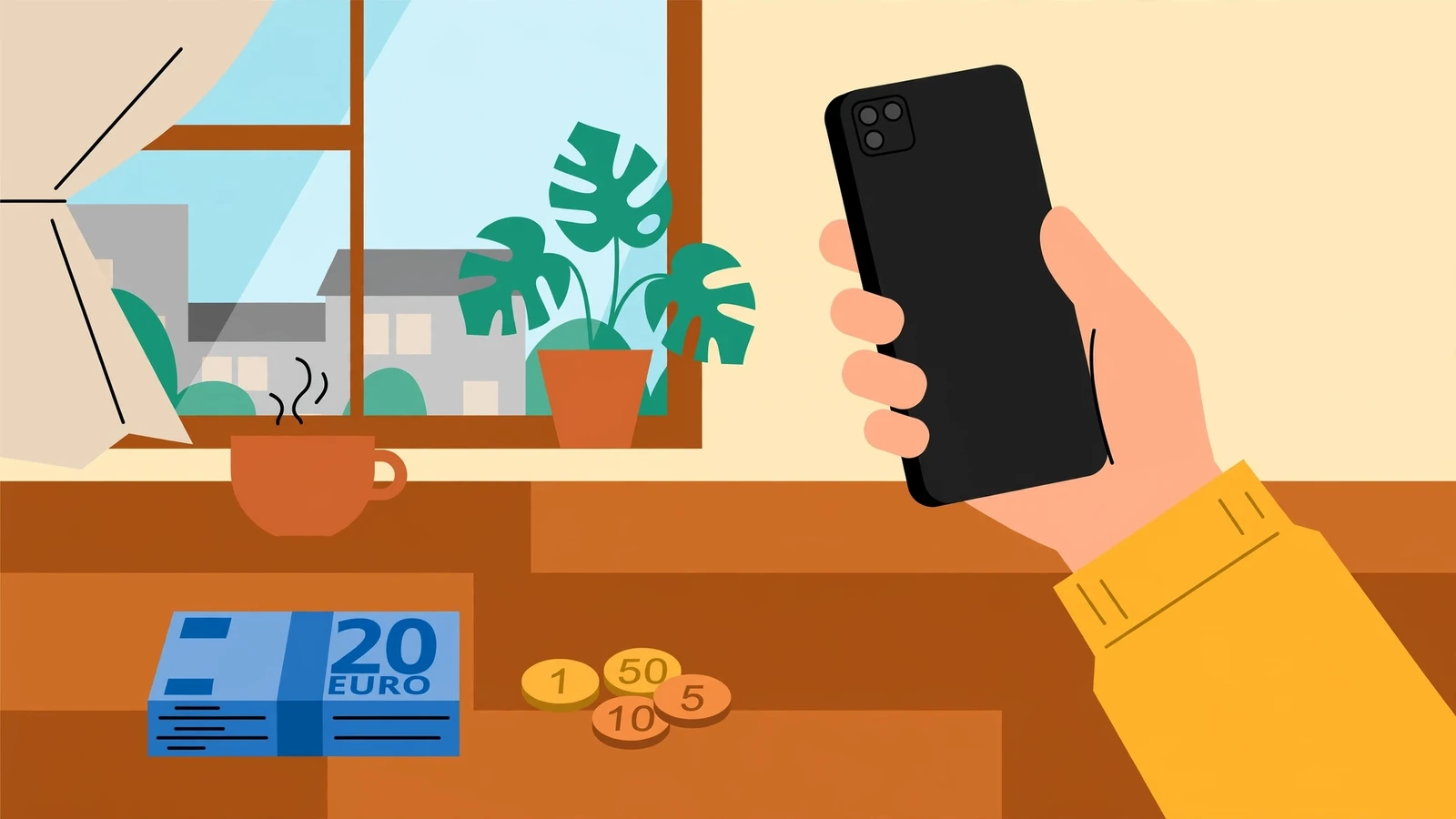Hand mit Smartphone, Euro-Geld und Kaffeetasse auf Holztisch in deutscher Wohnung