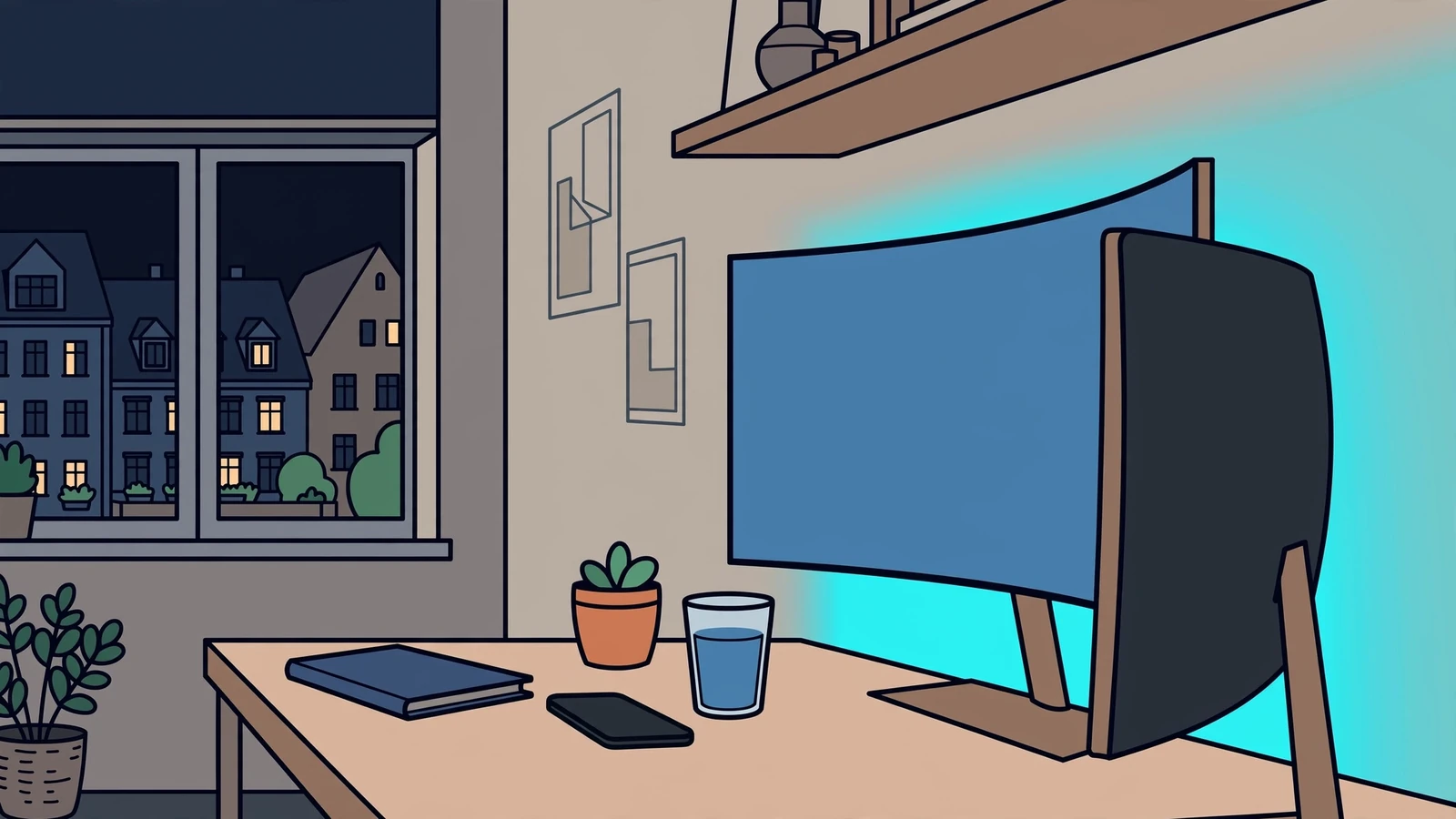 Moderner deutscher Arbeitsplatz mit großem Monitor bei Nacht und stimmungsvoller LED-Beleuchtung.