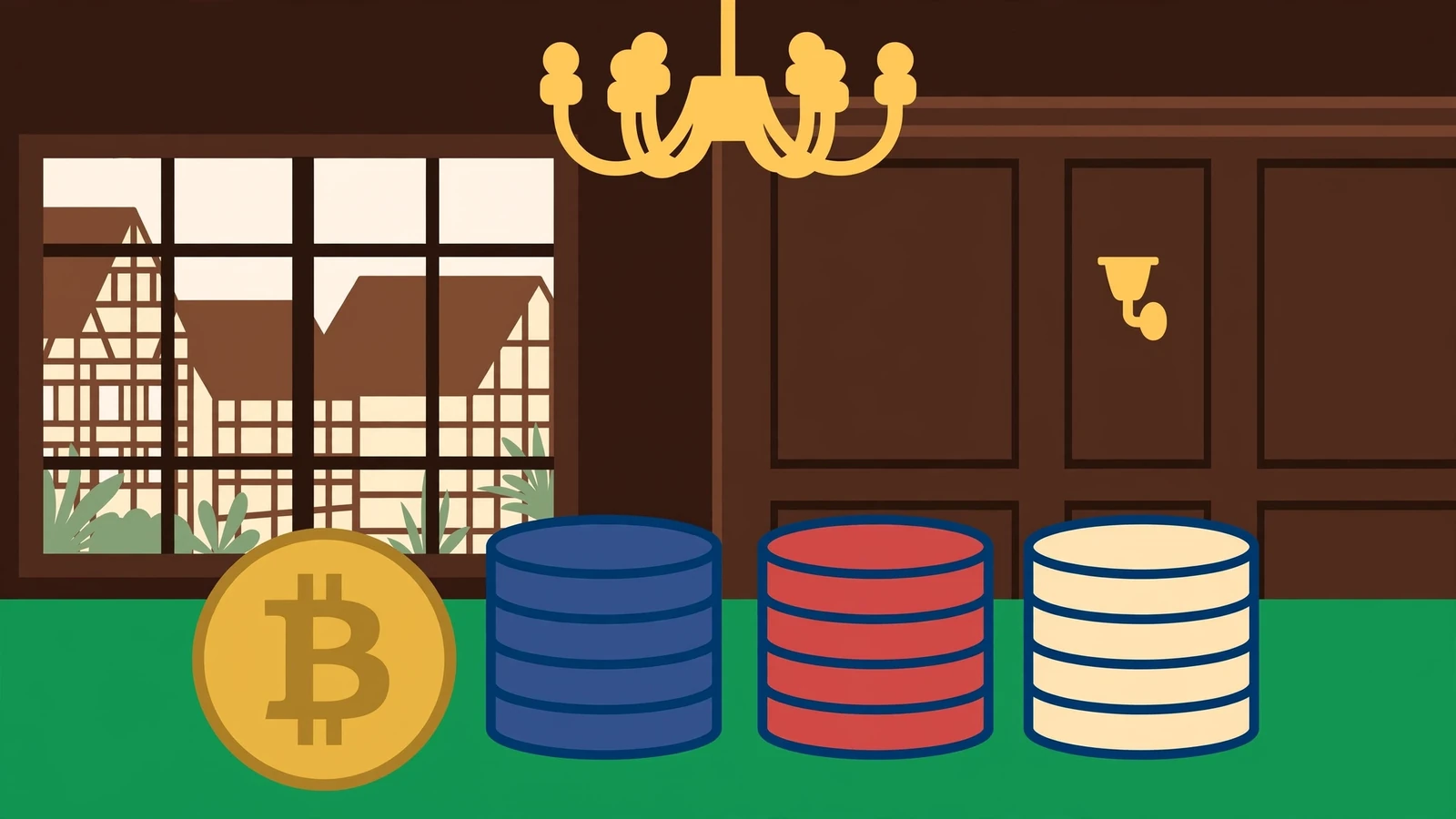 Bitcoin-Münze auf grünem Filz mit Casino-Chips in dunkler deutscher Spielbank.
