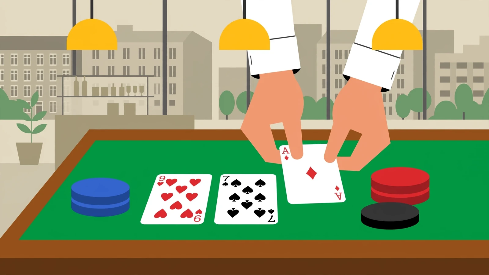 Live-Baccarat-Tisch im Studio mit Croupier, ausgeteilten Karten und gestapelten Jetons