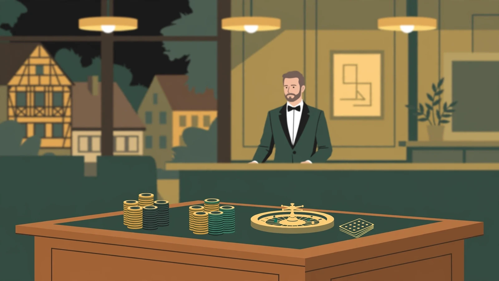 Edle deutsche Casino-Studioszene mit Spieltisch, Chips und Karten